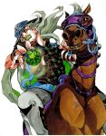  1boy araki_hirohiko beard belt blue_belt brown_shirt cape clenched_teeth cowboy_hat facial_hair goggles goggles_on_headwear green_cape green_eyes grey_hair grey_hat grey_pants grills gyro_zeppeli hat hatching_(texture) highres holster horseback_riding jojo_no_kimyou_na_bouken long_hair looking_at_viewer male_focus official_art pants parted_lips purple_mask riding scan shirt short_sleeves simple_background spinning steel_ball_(jojo) steel_ball_run teeth traditional_media valkyrie_(jojo) white_background 