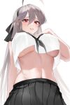  1girl absurdres ahoge bangs black_hairband black_neckerchief black_ribbon black_skirt breasts crop_top from_below grey_hair hair_between_eyes hair_ribbon hairband hand_on_own_chest highres large_breasts long_hair looking_at_viewer looking_down midriff mookie_(e_mook9) navel neckerchief no_bra original parted_lips pleated_skirt red_eyes ribbon school_uniform serafuku shirt skirt sleeveless sleeveless_shirt smile solo underboob upshirt very_long_hair white_shirt 