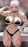  1girl abs absurdres blush bracelet commentary commission dorohedoro earrings english_commentary highres hoop_earrings jewelry long_hair muscular muscular_female noi_(dorohedoro) park_ongjol red_eyes solo sweat white_hair 