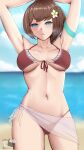  1girl armband armpits arms_up bikini blue_eyes breasts brown_hair collarbone dynorz flower hair_flower hair_ornament hana_macchia highres navel nijisanji red_bikini sarong solo swimsuit virtual_youtuber 