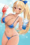 1girl :/ bikini blonde_hair blue_bikini blue_bow bow breasts closed_mouth cowboy_shot cup dark-skinned_female dark_elf dark_skin disposable_cup drinking_straw elf groin hair_bow highres holding holding_cup hololive ice ice_cube incoming_drink kntrs_(knyrs) large_breasts long_hair looking_at_viewer multicolored_hair navel pointy_ears ponytail red_eyes shiranui_flare skindentation solo stomach streaked_hair swimsuit thighs very_long_hair virtual_youtuber white_hair 