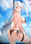  1girl absurdres ass azur_lane back bikini black_bikini black_ribbon blue_sky blush breasts cloud from_side hair_ribbon highres large_breasts long_hair looking_at_viewer looking_to_the_side orange_eyes parted_lips prinz_eugen_(azur_lane) prinz_eugen_(unfading_smile)_(azur_lane) ribbon side-tie_bikini sky solo strap_gap swimsuit thigh_strap thighs two_side_up very_long_hair wardrobe_malfunction wet white_hair zhanggong 