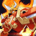  armor aura black_background blue_eyes digimon digimon_(creature) dragon fire helmet highres horns kaisergreymon onion_maru orange_helmet red_armor simple_background upper_body 