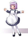  apron archived_source armband back_bow ben-day_dots black_dress black_shoes black_sleeves blunt_bangs blush_stickers bob_cut bow clenched_hands closed_mouth collared_dress commentary_request cosplay cosplay_complex dot_nose dress dress_shoes frilled_apron frills imai_athena impasto kanno maid maid_apron maid_headdress medium_dress medium_hair pantyhose purple_hair red_eyes round_collar screentones shoes simple_background sleeve_cuffs smile straight_hair waist_bow white_apron white_background white_bow white_headdress white_pantyhose white_sleeve_cuffs 