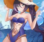  1girl bare_arms bare_shoulders black_hair blonde_hair blue_eyes blue_swimsuit bow breasts brown_headwear cleavage clothing_cutout day eyepatch genshin_impact hair_bow hand_on_headwear hands_up hat highres jellyfish kemile long_hair looking_at_viewer medium_breasts mona_(genshin_impact) navel one-piece_swimsuit outdoors partially_underwater_shot red_eyes solo stomach_cutout strapless strapless_swimsuit straw_hat swimsuit twintails water 