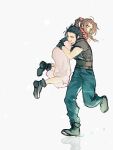  1boy 1girl aerith_gainsborough armor black_gloves black_hair boots braid braided_ponytail brown_hair carrying carrying_over_shoulder carrying_person couple dress final_fantasy final_fantasy_vii final_fantasy_vii_remake full_body gloves green_eyes hair_ribbon happy highres jacket lifting_person long_hair maiii_(smaii_i) open_mouth pink_dress pink_ribbon red_jacket ribbon running scar scar_on_cheek scar_on_face shoulder_armor simple_background spiked_hair sweater turtleneck turtleneck_sweater zack_fair 