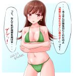  1girl alternate_costume ame-san bikini breasts brown_eyes brown_hair collarbone cowboy_shot earrings green_bikini highres jewelry kantai_collection large_breasts long_hair navel ooi_(kancolle) solo speech_bubble standing swimsuit translation_request 