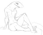  2020 anthro black_and_white claws female fish flat_chested front_view full-length_portrait grin marine monochrome nude portrait scar shark sitting sketch smile solo w4g4 