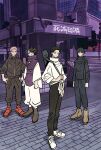  4boys black_hair black_jacket black_pants boots brick_road brown_boots choso_(jujutsu_kaisen) closed_mouth flower full_body fushiguro_megumi getou_suguru highres itadori_yuuji jacket jujutsu_kaisen jujutsu_tech_uniform male_focus multiple_boys okkotsu_yuuta pants parted_lips pink_hair purple_scarf purple_tunic red_shoes rose scarf shoes short_hair short_twintails sneakers spiked_hair takeuchi_ryousuke tunic twintails weapon weapon_case weapon_on_back white_flower white_jacket white_rose white_shoes wide_sleeves 