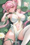  1girl absurdres arm_above_head arm_ribbon armband armpits arms_up blunt_bangs blush breasts character_request china_dress chinese_clothes chinese_commentary clothing_cutout commentary_request double_bun dress flower gold_trim hair_bun hair_ornament halterneck head_tilt highres indie_virtual_youtuber large_breasts leg_up light_particles lily_pad long_hair lying navel_cutout on_back open_mouth pink_hair ribbon saliva see-through_cleavage see-through_clothes sparkle tassel tassel_hair_ornament teeth thigh_strap thighs twintails upper_teeth_only very_long_hair virtual_youtuber water water_lily_flower wet yellow_eyes yellow_ribbon yuuichi_yuiko 