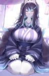  2022 5_fingers anthro asian_clothing big_breasts black_hair blue_eyes blue_hair blush breasts canid canine claws clothed clothing east_asian_clothing female finger_claws fingers fox fur hair hi_res huluba inner_ear_fluff japanese_clothing kemono kimono long_hair looking_at_viewer mammal sitting solo tuft wariza white_body white_fur 