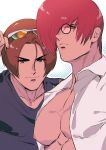  2boys absurdres bara bare_pectorals beniazumaru black_shirt brown_hair closed_mouth eyewear_on_head hair_over_one_eye highres kusanagi_kyou large_pectorals male_focus multiple_boys muscular muscular_male nipples open_clothes open_shirt pectorals red_hair round_eyewear shirt short_hair smile sunglasses the_king_of_fighters upper_body white_shirt yagami_iori 