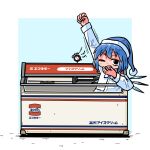 1girl absurdres alarm_clock blue_bow blue_hair blush bow cirno clock collared_shirt freezer hair_bow hat highres ice ice_wings kasuya_baian nightcap one_eye_closed shirt short_hair solo stretching touhou translation_request waking_up white_shirt wings yawning 