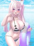  1girl absurdres animal_ears bangs bikini blush breasts cat_ears cleavage collarbone commentary_request hand_up highres innertube large_breasts long_hair looking_at_viewer mashiro03 navel outdoors parted_lips pink_hair purple_eyes smile solo swimsuit thighs two-tone_bikini v vrchat 
