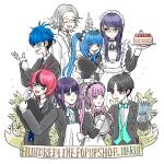  3girls 5boys :t absurdres ahoge amemiya_darumi aotsuki_eito apron arm_hug back_bow bag black_bow black_choker black_dress black_hair black_hairband black_jacket black_necktie black_streaks blue_eyes blue_hair blue_vest bow bow_hairband bowtie butler cake character_charm charm_(object) choker closed_eyes collared_shirt commentary cookie double_bun dress earrings english_text eye_print eyepatch face_piercing facial_mark food frills glasses glove_pull gloves green_bow green_bowtie green_vest grey_hair hair_bow hair_bun hairband heart heart_facial_mark highres holding holding_bag holding_menu holding_plate jacket jewelry juliet_sleeves long_hair long_sleeves maid maid_apron maid_headdress maruko_gaku menu multicolored_hair multiple_boys multiple_girls necktie official_alternate_costume omokage_yugamu piercing pink_bow pink_bowtie pink_eyes pink_hair plate pointing pointing_up print_eyepatch puffy_sleeves purple_hair red_eyes red_hair red_necktie rj_octr scratching_cheek shirt shizuhara_hiruko short_hair sirei_(hundred_line) strawberry_shortcake streaked_hair sumino_takumi sweatdrop the_hundred_line_-last_defense_academy- tongue towel towel_on_arm tsukumo_ima tsukumo_kako twintails vest watermark white_apron white_background white_bow white_jacket white_shirt 