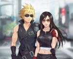  1boy 1girl apron arm_ribbon armor bare_shoulders belt black_gloves black_hair blonde_hair blue_eyes blurry blurry_background breasts city cloud_strife collarbone couple crop_top earrings final_fantasy final_fantasy_vii final_fantasy_vii_advent_children fingerless_gloves gloves hand_on_another&#039;s_hip high_collar jewelry large_breasts long_hair midriff_peek multiple_belts navel outdoors red_eyes red_gloves ribbon shoulder_armor spiked_hair stup-jam sunglasses tifa_lockhart waist_apron 