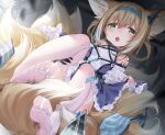  1girl :o animal_ear_fluff animal_ears arknights bangs bare_shoulders blue_dress blue_hairband blush braid breasts dated dress feet fox_ears fox_girl fox_tail frilled_skirt frilled_sleeves frills green_eyes hair_rings hairband headgear highres indoors multiple_tails no_shoes open_mouth oripathy_lesion_(arknights) short_sleeves signature sitting skirt small_breasts soles solo suaynnai_wanzi suzuran_(arknights) tail thighhighs toes v-shaped_eyebrows white_thighhighs 