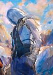  1boy aqua_eyes bare_shoulders belt cloud cloudy_sky hair_between_eyes hand_in_pocket highres johngaramond kingdom_hearts long_hair male_focus outdoors parted_lips roxas sketch sky solo toned toned_male turtleneck white_hair zipper zipper_pull_tab 