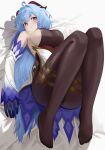  1girl absurdres ahoge bangs bed_sheet blue_hair blush bodystocking breasts closed_mouth detached_sleeves full_body ganyu_(genshin_impact) genshin_impact goat_horns highres horns knees_up large_breasts legs long_hair lying no_shoes on_back purple_eyes re-leaf solo thighs very_long_hair 