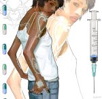  1girl alternate_costume arm_tattoo black_hair black_nails brown_eyes camisole collage collage_background cowboy_shot cyber_sigilism denim earrings finger_tattoo from_behind from_side hand_in_pocket hand_on_own_hip hand_tattoo head_down highres jeans jewelry law-chan looking_at_viewer mole mole_on_arm mole_on_back mole_on_cheek mole_on_hand mole_on_neck mole_under_eye one_piece pants pill pill_background pixie_cut rabu99 spaghetti_strap standing syringe tan tattoo thick_lips trafalgar_law turning_head white_background white_camisole zoom_layer 