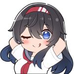  1girl ;q arms_behind_head black_hair chibi fukuro_daizi hair_between_eyes hairband kayoko_(fukuro_daizi) long_hair looking_at_viewer lowres neckerchief one_eye_closed original red_neckerchief school_uniform serafuku short_sleeves simple_background solo tongue tongue_out upper_body white_background 