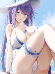  1girl bangs bare_arms bare_shoulders blue_eyes blush braid breasts choujigen_game_neptune hat highres keenh large_breasts long_hair looking_at_viewer neptune_(series) outdoors parted_lips purple_hair purple_heart pussy pussy_peek sitting smile swimsuit symbol-shaped_pupils thigh_strap thighs twin_braids 