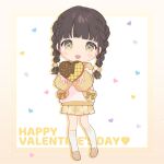  1girl :d bangs black_hair blunt_bangs blush_stickers braid candy chibi chocolate food fur_collar fur_sleeves hair_bobbles hair_ornament happy_valentine heart heart-shaped_chocolate heart-shaped_pupils highres holding holding_chocolate holding_food hood hoodie loafers long_hair looking_at_viewer mameyanagi open_mouth original plaid plaid_skirt pleated_skirt pom_pom_(clothes) pom_pom_hair_ornament shoes skirt smile socks solo symbol-shaped_pupils twin_braids valentine yellow_eyes 