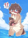  5_fingers anthro big_breasts blue_eyes blush bodily_fluids breasts brown_body brown_fur brown_hair canid canine chest_tuft cloud covering covering_breasts covering_self crying detailed_background digital_media_(artwork) embarassment embarrassed embarrassed_nude_anthro embarrassed_nude_female eyelashes eyewear female fingers fur glasses glasses_tanuki_(youki029) hair hi_res looking_at_viewer mammal navel nude open_mouth outside partially_submerged pawpads raccoon_dog sky smile solo submerged_leg submerged_tail tanuki tears tuft water wet youki029 