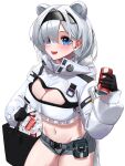  1girl :d animal_ears arknights aurora_(arknights) bear_ears black_gloves black_hairband blue_eyes blush breasts can cleavage coca-cola cooler cowboy_shot crop_top extra_ears eyes_visible_through_hair gloves grey_hair grey_shorts hair_ornament hair_over_one_eye hairband hairclip highres holding holding_can hood hood_down ice ice_cube kasasasagi large_breasts long_hair long_sleeves looking_at_viewer navel open_mouth puffy_long_sleeves puffy_sleeves short_shorts shorts simple_background smile soda_can solo stomach unzipped very_long_hair white_background 