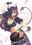  1girl black_hair blue_eyes breasts choker cleavage demon_girl demon_horns demon_tail faye_sievers fingerless_gloves garter_straps gloves hair_between_eyes heart hide_(hideout) highres horns indie_virtual_youtuber large_breasts long_hair midriff mole mole_under_mouth navel skirt smile solo standing standing_on_one_leg tail thighhighs virtual_youtuber 