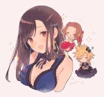  1boy 2girls aerith_gainsborough bare_shoulders black_hair blonde_hair blue_dress blush breasts brown_hair chibi cleavage cloud_strife crescent crescent_earrings crescent_moon crossdressing dress earrings final_fantasy final_fantasy_vii final_fantasy_vii_remake hair_ornament jewelry long_hair moon multiple_girls neck_ribbon official_alternate_costume open_mouth red_dress red_eyes ribbon sleeveless sleeveless_dress sparkle_background spiked_hair tifa_lockhart tifa_lockhart&#039;s_refined_dress upper_body xpo917 