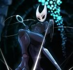 2025 anthro arthropod black_body black_eyes breasts butt butt_from_the_front eyebrows eyelashes feet female glistening glistening_body hi_res hollow_knight_(franchise) hornet_(hollow_knight) insect melee_weapon nude solo spacemaxmarine team_cherry weapon