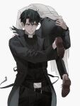  2boys ass belt black_coat black_eyes black_hair black_pants black_shirt brown_footwear carrying_over_shoulder character_request clenched_teeth coat dok-ja_kim floating_clothes hand_on_another&#039;s_ass hand_on_another&#039;s_leg hand_on_another&#039;s_shoulder hands_up highres huh_1222 jacket joonghyuk_yoo kicking korean_commentary long_sleeves looking_at_another male_focus multiple_boys omniscient_reader&#039;s_viewpoint pants shirt shoe_soles shoes short_hair sideways_glance simple_background struggling teeth tight tight_shirt toned toned_male white_background white_jacket 