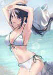  1girl absurdres armpits arms_up bangs beach bikini black_hair blush breasts cleavage clothes_removed commentary_request floating_hair highres long_hair love_live! love_live!_sunshine!! matsuura_kanan medium_breasts navel ocean outdoors parted_lips pleated_skirt ponytail purple_eyes shirt_removed side-tie_bikini sideboob skirt skirt_removed sky solo stomach strap_gap swimsuit teeth upper_teeth water yamaori_(yamaorimon) 