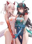  2girls ;d arknights arm_tattoo asymmetrical_docking bar_censor bare_shoulders black_hair braid breast_press breasts censored china_dress chinese_clothes clenched_teeth colored_skin covered_navel cowboy_shot dragon_horns dragon_tail dress dusk_(arknights) dusk_(everything_is_a_miracle)_(arknights) earrings folded_ponytail green_hair green_skin hand_on_another&#039;s_shoulder highres holding_hands horns jewelry long_hair multicolored_hair multiple_girls nian_(arknights) nian_(unfettered_freedom)_(arknights) nipples no_panties official_alternate_costume one_eye_closed parted_lips pelvic_curtain pointy_ears purple_eyes pussy red_eyes red_skin revision ru_zhai siblings simple_background sisters sleeveless sleeveless_dress small_breasts smile streaked_hair tail tassel tassel_earrings tattoo teeth thighs torn_clothes torn_dress white_background white_dress white_hair 