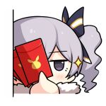  1girl bangs bronya_zaychik bronya_zaychik_(snowy_sniper) chinese_new_year closed_mouth coat diaoxian_kuangmo drill_hair grey_eyes grey_hair holding hongbao honkai_(series) honkai_impact_3rd looking_at_viewer simple_background solo star_(symbol) twin_drills white_background 