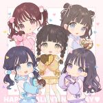  5girls :3 :d :p almond bangs black_hair blue_eyes blunt_bangs blush_stickers braid brown_hair candy chibi chocolate double_bun food fur_collar fur_sleeves hair_bobbles hair_bun hair_ornament hair_ribbon hairclip hand_on_own_face happy_valentine head_tilt heart heart-shaped_chocolate heart-shaped_pupils highres holding holding_chocolate holding_food hood hoodie loafers long_hair looking_at_viewer low_twintails mameyanagi medium_hair mole mole_under_eye multiple_girls open_mouth original pink_eyes plaid plaid_skirt pleated_skirt pom_pom_(clothes) pom_pom_hair_ornament purple_eyes ribbon shoes skirt smile socks standing symbol-shaped_pupils tongue tongue_out twin_braids twintails two_side_up valentine yellow_eyes 