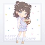  1girl :3 :d almond bangs blue_eyes blush_stickers brown_hair chibi chocolate double_bun food fur_collar fur_sleeves hair_bun hair_ribbon happy_valentine heart heart-shaped_pupils highres holding holding_chocolate holding_food hood hoodie loafers mameyanagi medium_hair open_mouth original plaid plaid_skirt pleated_skirt ribbon shoes skirt smile socks solo symbol-shaped_pupils two_side_up valentine 