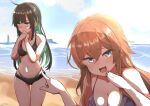  2girls :d beach bikini black_bikini black_hair blush breasts brown_hair embarrassed green_hair grey_eyes kurousagi_tetora large_breasts long_hair looking_at_viewer multicolored_hair multiple_girls ocean original pointing pointing_at_another smile smug swimsuit two-tone_hair water 