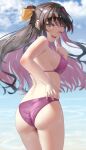  1girl ass beach bikini black_hair blue_sky blush breasts brown_hair cloud cowboy_shot fang finger_to_mouth from_behind green_eyes hair_ribbon highres kantai_collection large_breasts long_hair looking_at_viewer multicolored_hair naganami_(kancolle) open_mouth outdoors pink_hair purple_bikini ribbon satsuki_neko sideboob sky smile solo string_bikini swimsuit two-tone_hair wavy_hair wet yellow_eyes 