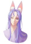  1boy alternate_hair_length alternate_hairstyle animal_ear_fluff animal_ears bangs closed_mouth fox_boy fox_ears heterochromia highres japanese_clothes kimono kuya_(nu_carnival) long_hair looking_at_viewer male_focus mole mole_under_eye nu_carnival portrait purple_eyes purple_hair purple_kimono sad_adrian simple_background slit_pupils smile solo straight_hair white_background yellow_eyes 