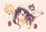  1boy 1girl bare_shoulders black_hair blonde_hair blue_eyes blush cait_sith_(ff7) clenched_hands cloud_strife collarbone earrings final_fantasy final_fantasy_vii fingerless_gloves gloves jewelry long_hair moogle red_eyes red_gloves smile spiked_hair starry_background suspenders tank_top tifa_lockhart upper_body white_tank_top xpo917 
