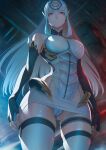  1girl android bangs bare_shoulders black_gloves blue_hair breasts elbow_gloves forehead_protector gloves hair_intakes highleg highleg_leotard highres imizu_(nitro_unknown) kos-mos large_breasts leotard long_hair red_eyes solo thighhighs thighs white_leotard white_thighhighs xenosaga 