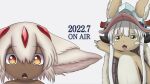  2girls :3 :o animal_ears bright_pupils commentary dark-skinned_female dark_skin english_commentary faputa furry green_eyes hair_between_eyes helmet highres horizontal_pupils horns looking_at_viewer made_in_abyss meme monster_girl multiple_girls nanachi_(made_in_abyss) open_mouth pointing smugbuns two_soyjaks_pointing_(meme) whiskers white_background white_fur white_hair white_pupils yellow_eyes 