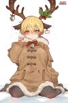  1girl absurdres antlers black_pantyhose blonde_hair blush brown_coat coat ear_tag ebora fate/grand_order fate_(series) gareth_(fate) green_eyes hair_between_eyes hair_flaps highres holly horns looking_at_viewer oversized_clothes pantyhose reindeer_antlers short_hair sitting solo wariza white_background 