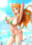  1girl armpits arms_up bikini blue_sky breasts cleavage cloud cloudy_sky cowboy_shot earrings eyewear_on_head green_bikini huge_breasts jewelry large_breasts long_hair looking_at_viewer minpei_ichigo nami_(one_piece) navel necklace ocean one_piece orange_eyes orange_hair outdoors sky solo stomach sunglasses swimsuit water 