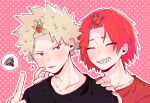  2boys ^_^ bakugou_katsuki bangs_pinned_back black_shirt blonde_hair blush boku_no_hero_academia cheek_pinching closed_eyes food-themed_hair_ornament grin hair_ornament hand_on_another&#039;s_shoulder hane11254 highres kirishima_eijirou looking_at_viewer male_focus middle_finger multiple_boys outline pinching pink_background polka_dot polka_dot_background red_eyes red_hair red_shirt sharp_teeth shirt smile spiked_hair strawberry_hair_ornament teeth upper_body white_outline 