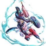  1girl absurdres black_leggings blue_hair commentary_request dual_wielding dualie_squelchers_(splatoon) glint gun highres holding holding_gun holding_weapon ink ink_tank_(splatoon) inkling inkling_girl inkling_player_character leggings long_hair pointy_ears shoes solo splatoon_(series) splatoon_3 tartarte_tatin tentacle_hair weapon white_background yellow_eyes 