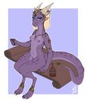  2020 anthro blue_eyes breasts claws female full-length_portrait headdress headdress_only headgear headgear_only hi_res horn jewelry kobold long_tail looking_at_viewer necklace nipples non-mammal_breasts non-mammal_nipples portrait purple_body purple_scales scales scalie sitting solo w4g4 