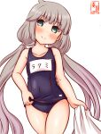  1girl alternate_costume artist_logo bangs blue_swimsuit blunt_bangs collarbone commentary_request covered_navel cowboy_shot dated eyebrows_hidden_by_hair flat_chest green_eyes grey_hair kanon_(kurogane_knights) kantai_collection long_hair looking_at_viewer low_twintails mikura_(kancolle) name_tag one-hour_drawing_challenge school_swimsuit school_swimsuit_flap simple_background smile solo swimsuit twintails white_background 